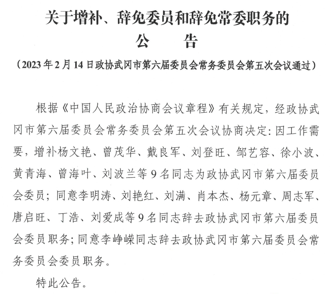 关于增补、辞免委员和辞免常务职务的公告_邵阳头条网